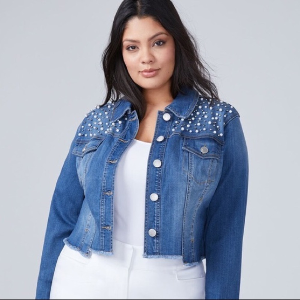 Lane Bryant Cropped Jean Jacket with Pearls